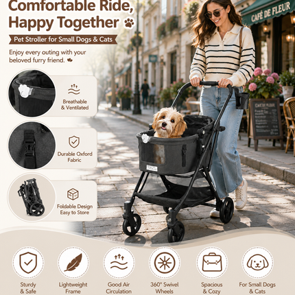 Beberoad Pets R5 Medium Pet Stroller for Small Dogs & Cats 180° Canopy 3-in-1 Pet Stroller with Removable Carrier for Walking (Black)