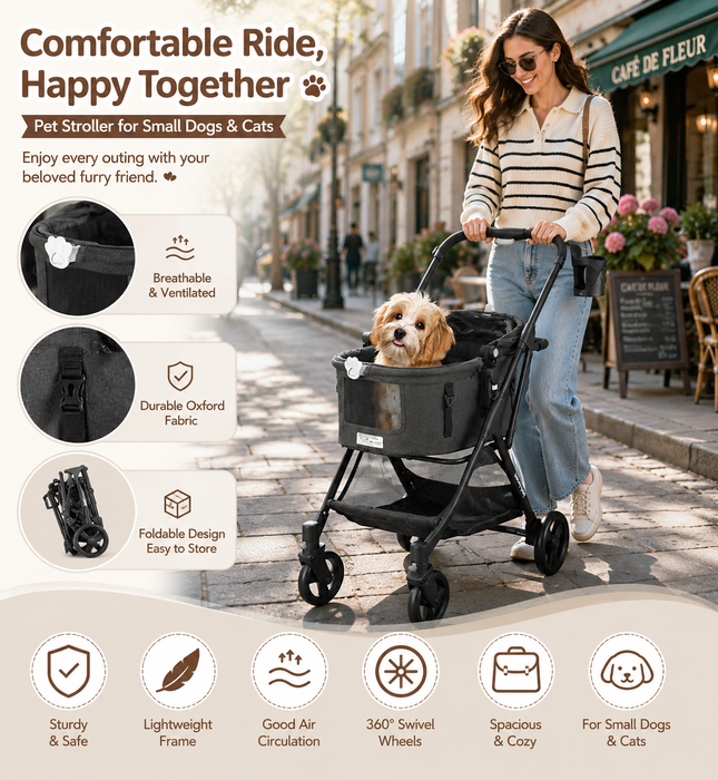 Beberoad Pets R5 Medium Pet Stroller for Small Dogs & Cats 180° Canopy 3-in-1 Pet Stroller with Removable Carrier for Walking (Black)