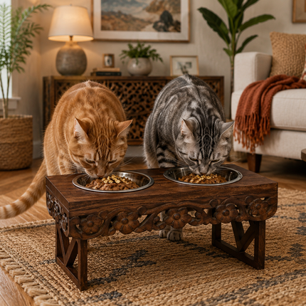 Bali Artisan Pet Feeder - Adjustable & Portable Stand with Bowls