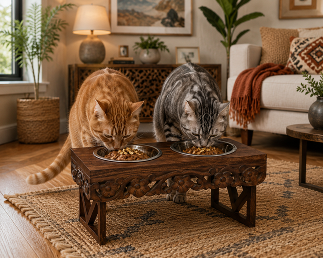 Bali Artisan Pet Feeder - Adjustable & Portable Stand with Bowls