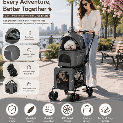 PETSITE Double Dog Stroller Foldable 3-in-1 Cat Stroller with 2 Detachable Carriers Safety Belt Washable Cover Removable Pads 4 Wheels Travel Pet Stroller for Small Medium Dogs Cats (Grey)