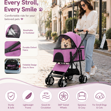BestPet Pet Stroller Premium 3-in-1 Multifunction Dog Cat Jogger Stroller for Medium Small Dogs Cats Folding Lightweight Travel Stroller with Detachable Carrier Purple