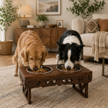 Bali Artisan Pet Feeder - Adjustable & Portable Stand with Bowls