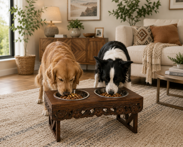 Bali Artisan Pet Feeder - Adjustable & Portable Stand with Bowls