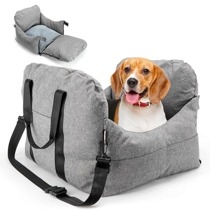 Tisslex Dog Car SeatMedium Pet Dogs Booster Carrier Comfy Cat Car Seat Center Console Small Dog Travel Bed Washable with Clip-On Safety Leash & Storage Pockets - Grey