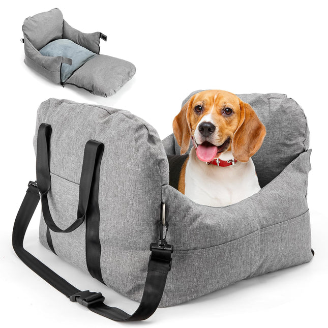 Tisslex Dog Car SeatMedium Pet Dogs Booster Carrier Comfy Cat Car Seat Center Console Small Dog Travel Bed Washable with Clip-On Safety Leash & Storage Pockets - Grey
