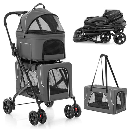 PETSITE Double Dog Stroller Foldable 3-in-1 Cat Stroller with 2 Detachable Carriers Safety Belt Washable Cover Removable Pads 4 Wheels Travel Pet Stroller for Small Medium Dogs Cats (Grey)